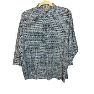 Chico's Blouse Women's Medium Button Down Abstract Blue Black Oversized Chicos 1